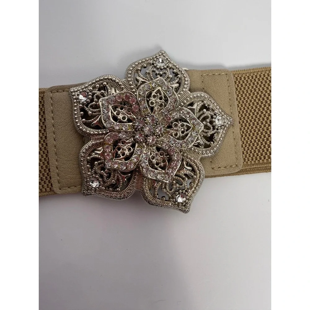Rhinestone Floral Stretch Waist Belt Y2K Boho Glam‎ Beige 40
